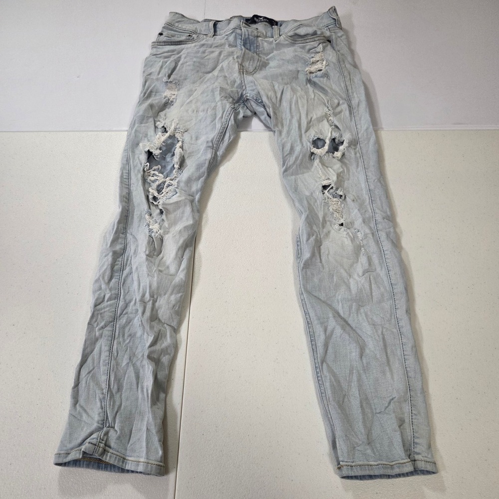 Hollister Mens 32x30 Skinny Jeans Light Wash Advanced Stretch Ripped Destroyed